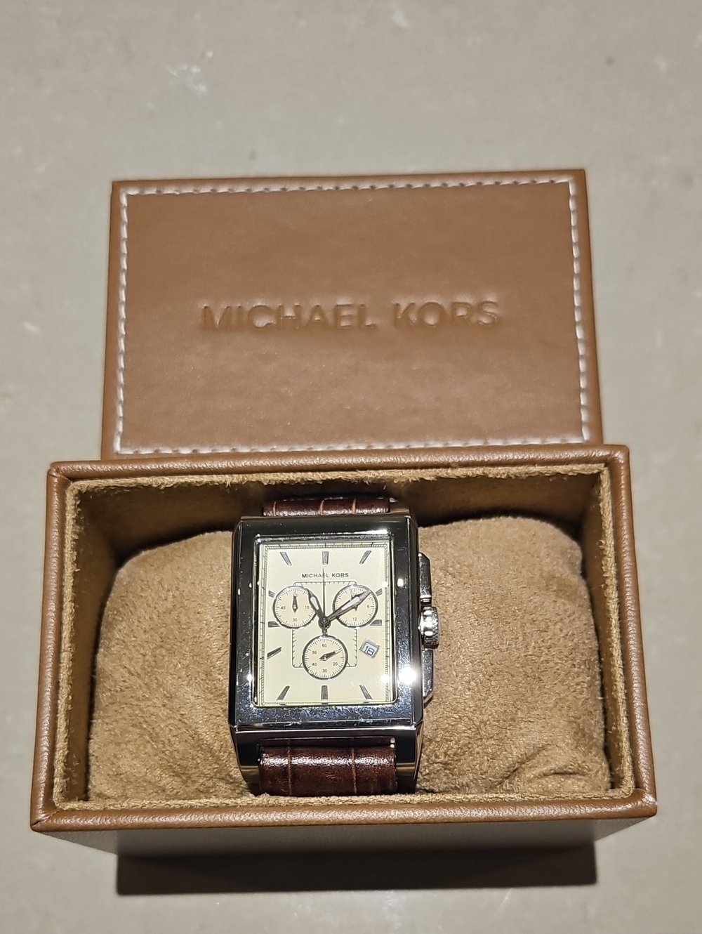Michael Kors Men's Silver Case Watch with Brown Leather Strap and Cream Dial